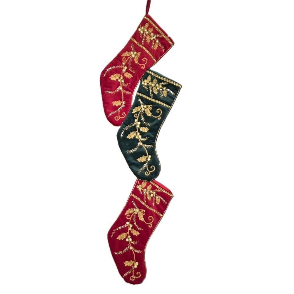 Vintage Velvet Christmas Stocking Set Of 3 Gold Holly Beaded And Bells